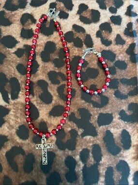 Handmade Red Beaded Cross Necklace and Bracelet Set